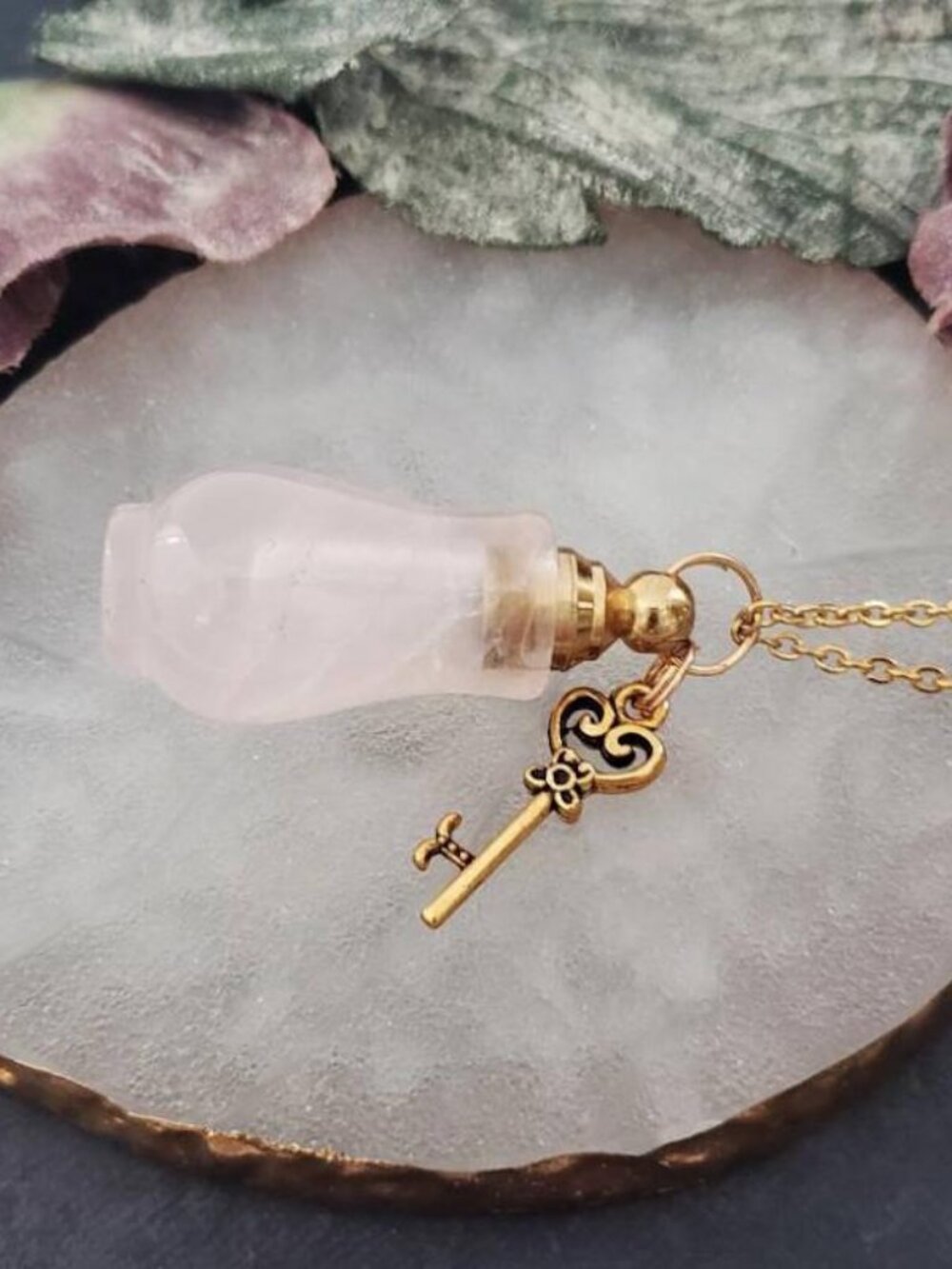 Rose Quartz Crystal Vial Perfume Bottle Necklace Gold Key Charm